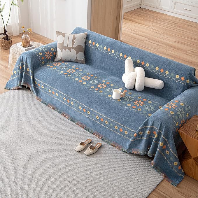 DREAMINGO Blue Boho Couch Cover Geometric Jacquard Sofa Covers for 2 Cushion Couch Loveseat Couch Cover for Pets Dogs Vintage Chenille Sofa Cover Blanket Furniture Protector Throw Slipcover,71"x118" - Image 8