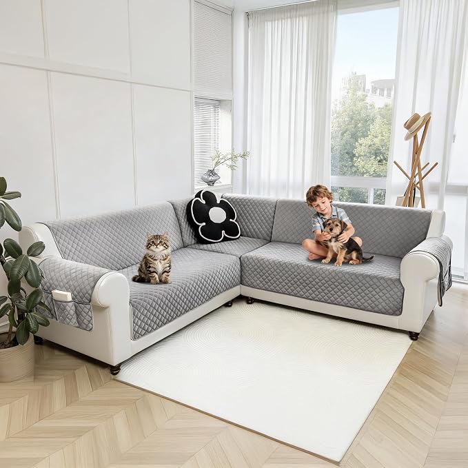 Sectional Couch Covers for Dogs 100% Waterproof Corner L Shaped Sofa Cover Pet Friendly Velvet Washable Anti Slip L Shape Modular Sofa Slipcover Protector with Pockets (Silver Gray, Large) - Image 9