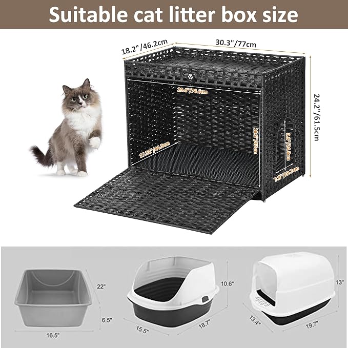 Cat Litter Box Enclosure with Door, Hidden Cat Washroom Furniture | Handwoven PP Wicker; Soft Litter Mat Included; Spacious Interior; Furniture-Style Design; Indoor Home Décor - Image 7
