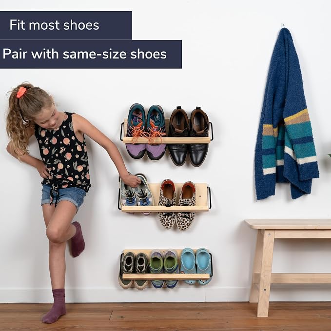 Wall Mounted Shoe Rack - A Wooden, Modern, Slim, and Small Shoe Storage Solution for Shoes and Boots in Narrow Spaces, entryways, or hallways. (20-in-Wide, Pack of 2) - Image 6