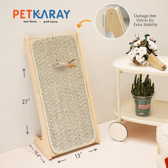 PETKARAY Cat Scratcher, Sisal Cat Scratching Ramp, L Shape Scratch Board for Indoor Kitty, 27" Wall Furniture Protector with Mouse Toy, Chevron - Image 7