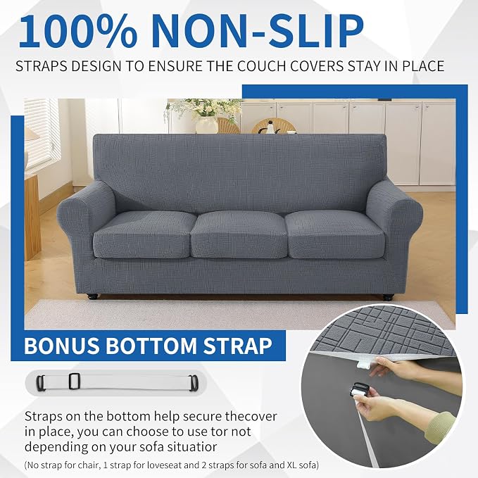 CYCMCAO 4 Piece Stretch Sofa Covers for 3 Cushion Couch, Non Slip Couch Covers for Sofa, Sofa Covers for Pets Washable, Couch Covers for Dogs,Kids (Light Gray), 71"-91" (3 Cushion Sofa) - Image 7