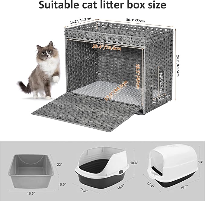 Cat Litter Box Enclosure with Door, Hidden Cat Washroom Furniture | Handwoven PP Wicker; Soft Litter Mat Included; Spacious Interior; Furniture-Style Design; Indoor Home Décor - Image 7