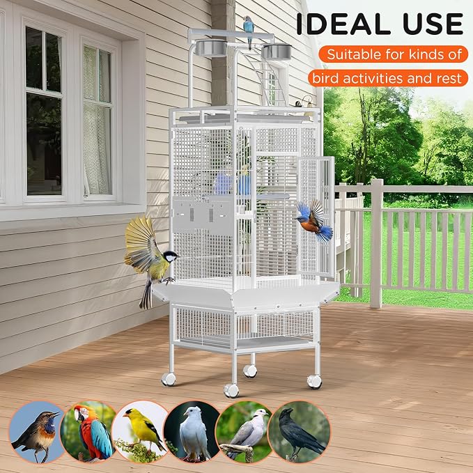 Garveehome 60 Inch White Parrot Cage with Play Top & 4 Feeder Bowls | Wrought Iron Large Bird Cage with Rolling Stand for African Grey Cockatiel Sun Parakeet Green Cheek Conure Lovebird Budgie - Image 6
