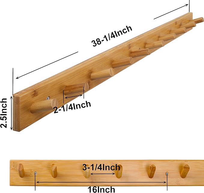 SKOLOO Wood Coat Rack Wall Mounted,10 Peg Long Bamboo Hook for Hanging Backpack Coat Towel Hat,16'' Hole to Hole,Pack of 2,Natural - Image 5