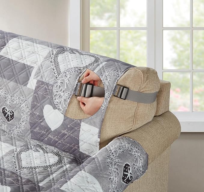 Brilliant Sunshine Grey Heartlove Patchwork Couch Cover, 78" seat | Non Slip Sofa Cover, Living Room Quilted Furniture Protector, Extra Large Washable Slipcover for Pets, Dogs & Cats - Image 6
