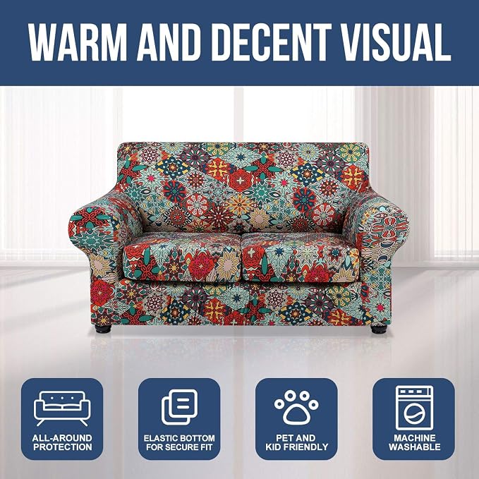 hyha Stretch Couch Cover, Sofa Covers for 2 Separate Cushion Couch Washable | Loveseat Cover, Floral Pattern, Printed, 3 Pieces, 2 Seater Furniture Protector with Elastic Bottom for Dogs, Pet Friendly - Image 8