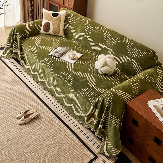Green Geometric Couch Cover for 3 Cushion Sofa, Boho Reversible Couch Cover Sectional L Shape, Modern Home Decor Chenille Non Slip Washable Large Couch Protector for Dogs 71"x118" - Image 7