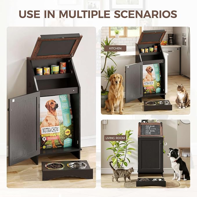 FIMELLO Dog Feeding Station with Storage, Dog Food Cabinet with 2 Hidden Feeding Bowls, Flip-Top Pet Storage Cabinet, Pet Food Holder, Black Grain - Image 9
