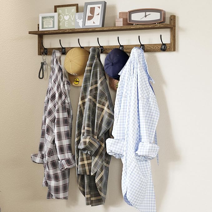 BAMEOS 35" L Wooden Coat Rack Wall Mount, Large Wall Coat Hooks with Shelf, Wall Hanging Shelf with 7 Dual Metal Hooks for Entryway, Bathroom, Kitchen, Living Room, Bedroom - Image 8