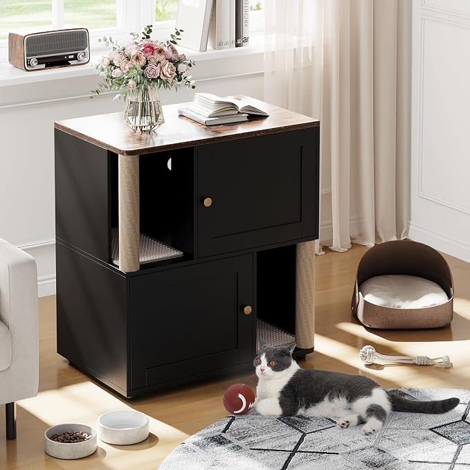 Garvee Cat Litter Box Enclosure Furniture for 2 Cats, Hidden Litter Box, Modern Double Layer Cats Washroom Furniture with 2 Scratch Mat and Cat Scratching Post, Side End Table for Living Room Hallway - Image 9