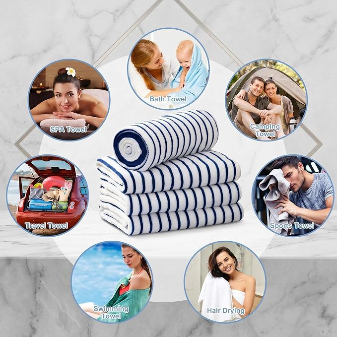 SmoothNovelty 16 Pack Microfiber Bath Towels Bulk 27'' x 60'' Oversized Size Bath Towel Highly Absorbent Extra Large Soft Drying for Beach Shower Summer Salon Sport Gym Party (Navy Blue,Stripes) - Image 7
