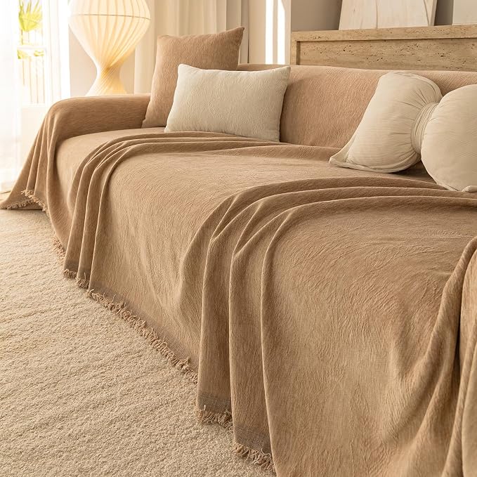 Brown Boho Couch Covers for Sofa Washable for 3 Cushion Couch,71''X150'' | Chenille Furniture Protector Sofa Couch Cover for Dogs, Soft Breathable Sofa Slipcover, Couch Throw Blankets with Tassels - Image 9