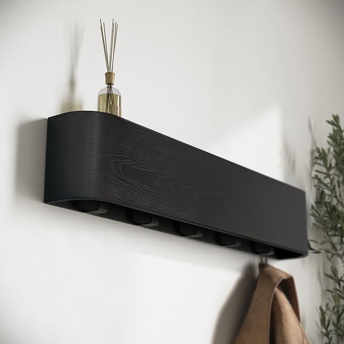 Kazai. Wall-Mounted Coat Rack 'Toke' - Modern Design Coat Rack with Hidden Wall Hooks - Solid Wood Veneer Panel Coat Hanger - Oak, Black - Image 7