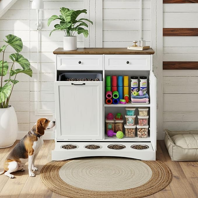 Double Tilt Out Trash Can Cabinet with Dog Bowl, 10 Gallons Dog Food Storage Cabinet, Hidden Trash Can Cabinet with Hideaway Drawer for Kitchen, Living Room (White Grain, Double Door) - Image 7