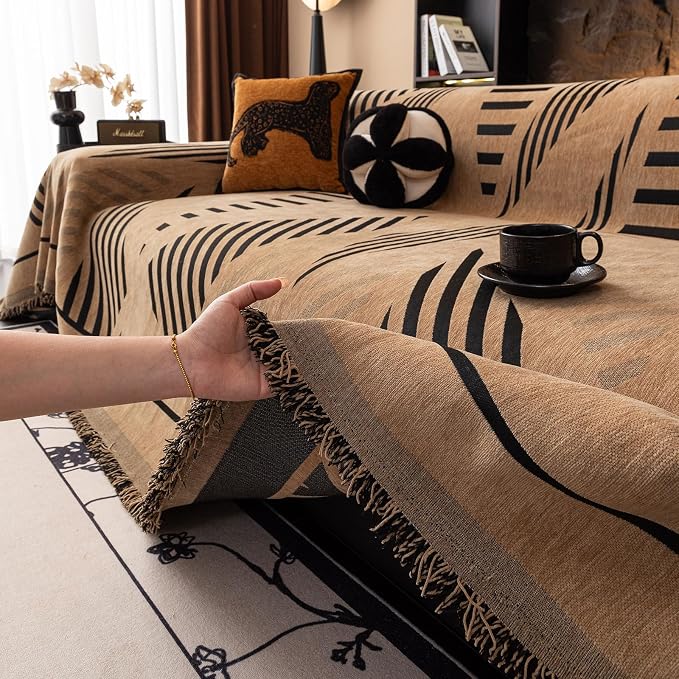 VClife Couch Cover Boho Style Sofa Cover for Dog, Modern Chenille Couch Cover for 3 Cushion Couch Sofa, Non Slip Brown Geometry Couch Protector with Tassel Sofa Slipcover Throw, 71"X134" - Image 9
