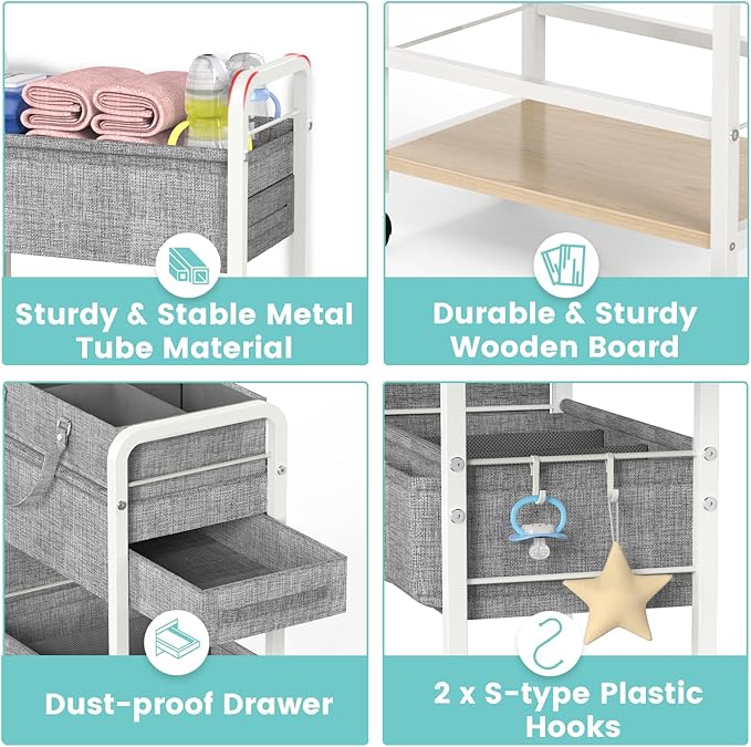 LIDTOP 2In1 Diaper Caddy & 4-Tier Rolling Diaper Cart, Diaper Caddy Organizer Cart with Dividers & Drawer, Mobile Metal Bedside Cart for Baby Nursery Essentials Storage, Large Capacity, White - Image 7
