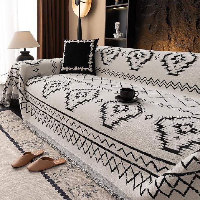 VClife Boho Aztec Couch Cover Retro Couch Cover for 2 Cushion Couch Sofa, Western White Loveseat Cover with Black Tribal Pattern, Soft Thick Chenille Furniture Sofa Covers wit Tassel, White, 71"X118" - Image 9