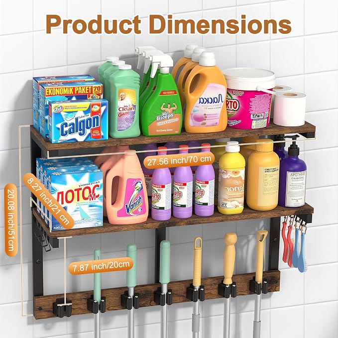 Housolution Wall Mount Broom Holder Laundry Room Storage Organizer Shelves | 2 Tier Large Capacity, Thickened Metal Frame, 100 LBS High Load-Bearing, Multifunctional with 7 Grippers & 8 Hooks - Image 7
