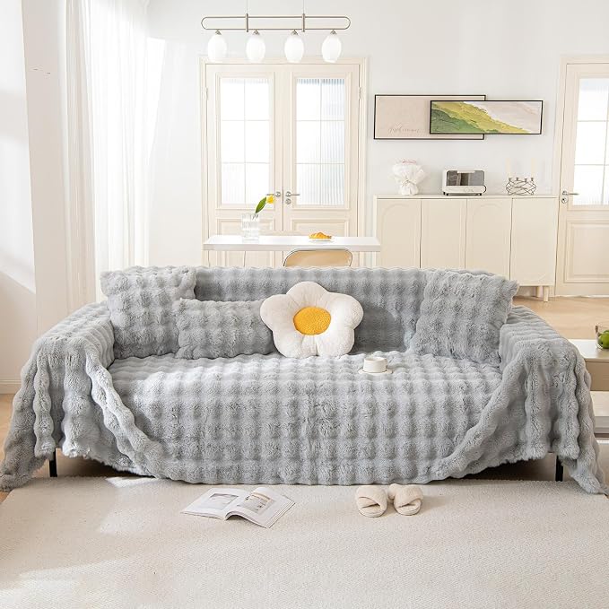 Ultra Soft Faux Rabbit Fur Sofa Covers for 2-3 Cushion Couches, Grey | 1 Piece Non-Slip Couch Covers for Home Decor Warm Cozy Sofa Slipcover Washable for L-Shaped Sofas, 71x134 Inches - Image 8