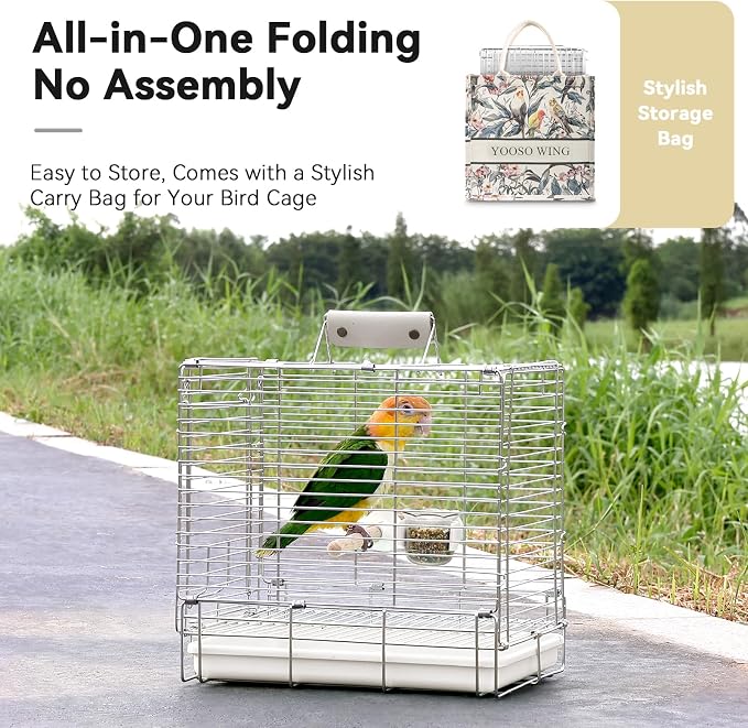 Bird Carrier Travel Cage - 304 Stainless Steel Portable Folding Bird Travel Cage with Parrot Feeder Cups & Standing Perch for Smaller Birds Conures Lovebird Cockatiel Parakeets (White) - Image 7