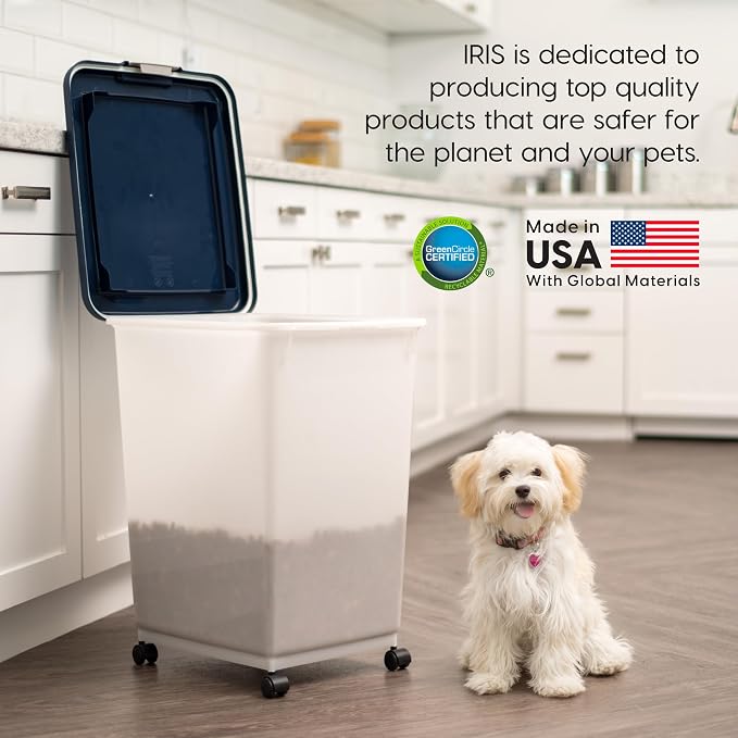 IRIS USA Dog Food Storage Container, Up to 54 Pounds, Attachable Wheels, For Dog Cat Bird and Other Pet Food Storage Bin, Keep Fresh, Easy Mobility - Made in USA, Navy/Pearl - Image 8