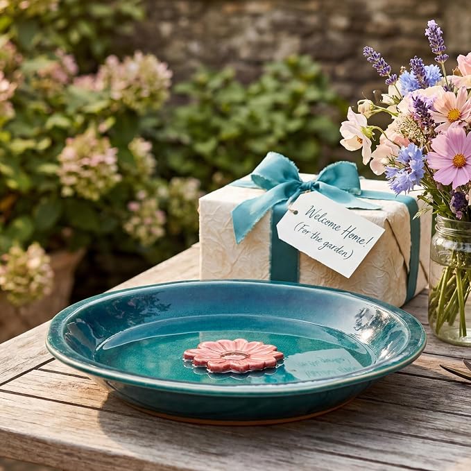 Topadorn 12.2'' Ceramic Birdbath & Birdfeeder for Small Birds Outdoors | 2" Depth Bird Bath Bowl For Vintage Garden Patio Yard Lawn Decor, Blue with Red Flower - Image 9