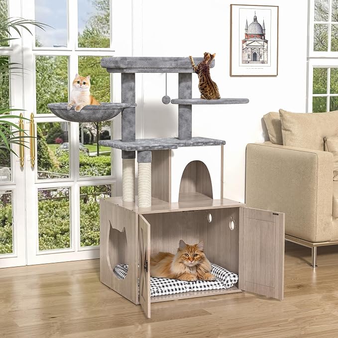HavenlyYouth Litter Box Enclosure with Cat Tree,Cat Tree with Litter Box Enclosure,Hidden Pet Washroom Furniture with Sisal Scratching Post,Hammocks,Condo,Multiple Platform,Soft Plush Perch, Grey - Image 9