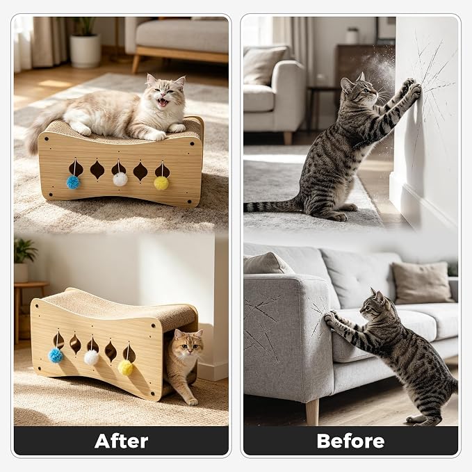 COZIWOW Cardboard Cat Scratcher House with Toys 26-Inch Curved Cat Lounger as Tunnel Double-Layer Scratching Box and Corrugated Board for Play, Scratch, Sleep and Rest - Image 6