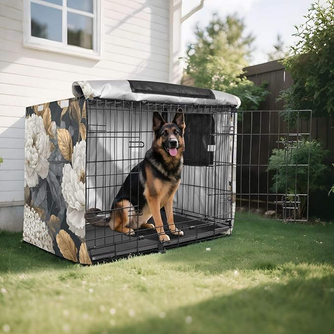 Dog Crate Cover Kennel Cover for Dog Cages Breathable for Wire Cage Indoor Outdoor White Peony Flower Golden Leaves Hydrangeas Black - Image 8