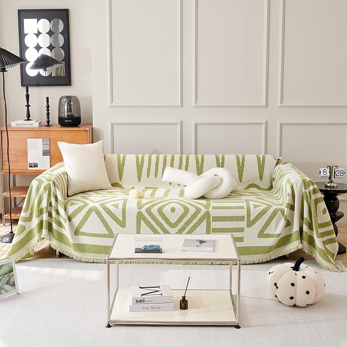 91" x118" Green Geometric Pattern Reversible Chenille Sofa Cover with Tassels Thick Couch Cover for All Shape Sofas Boho Sofa Slipcover Furniture Protector for Dog Pet Scratching, Washable - Image 7