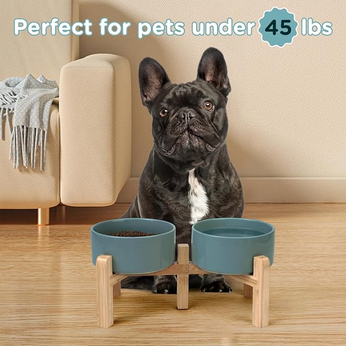 SPUNKYJUNKY Elevated Dog Bowls Ceramic, 6.1'' Dogs and Cat Food Water Bowls Raised with Non-Slip Bamboo Stand for Medium Sized Breed Microwave Dishwasher Safe - 28.7 OZ,Dark Green - Image 7