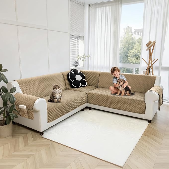 Sectional Couch Covers for Dogs 100% Waterproof Corner L Shaped Sofa Cover Pet Friendly Velvet Washable Anti Slip L Shape Modular Sofa Slipcover Protector with Pockets (Camel, Small) - Image 9