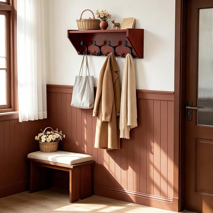 SKOLOO Wall Shelf with Hooks, 24-Inch Cherry Coat Rack Wall Mount with Shelf Organizer - Heavy Duty, 4 Tri Hooks - Perfect for Entryway, Hallway, Living Room, Bedroom, Mudroom - Image 8