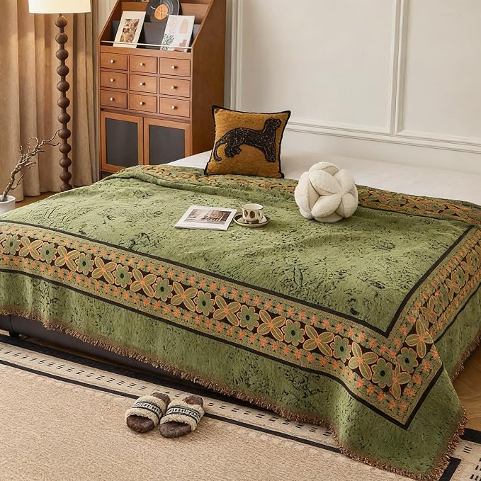 STACYPIK Green Vintage Floral Sofa Covers, Thick Chenille Botanical Jacquard Couch Cover for 3 Cushion Couch, Washable Loveseat Slipcover for Sectional Living Room Reversible Throw Blanket-71X150IN - Image 9