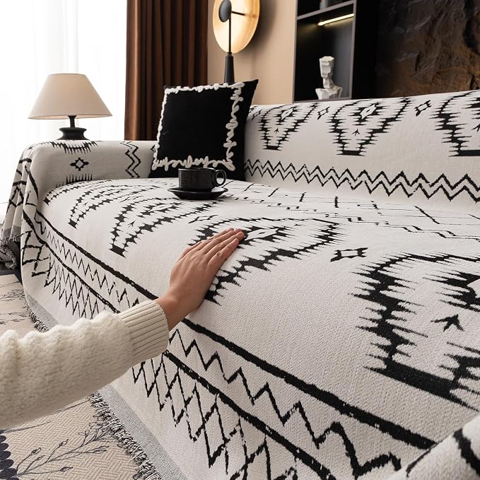 DREAMINGO Boho Couch Cover Sofa Covers for 2 Cushion Couch Jacquard Chenille Couch Cover Blanket Living Room Pet Furniture Protector Sectional Couch Covers for Dogs Washable, White, 71"x118" - Image 7