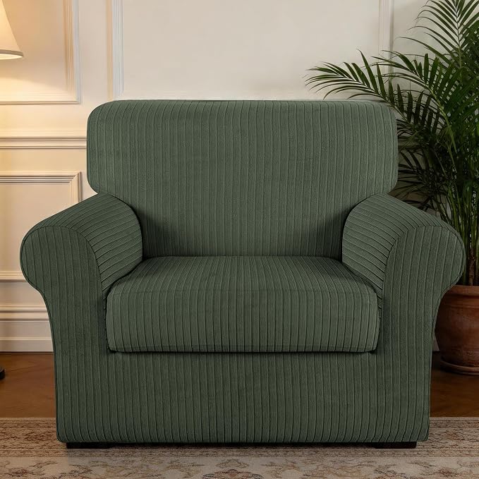 Armchair Cover Stretching Skid Resistance Couch Cover for Pets Washable, Thick and Durable Soft High Spandex Striped Pattern Sofa Covers, Form Fitted Chair Slipcover(Armchair, Green) - Image 7