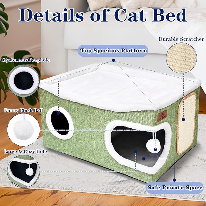 Extra Large Cat Beds for Indoor Cats, Covered Cat Cave Beds & Furniture with Scratch Pad and Fluffy Ball, Foldable Condo Hideaway with Reversible Cushion for Multi Small Pet Large Kittens, Green - Image 7