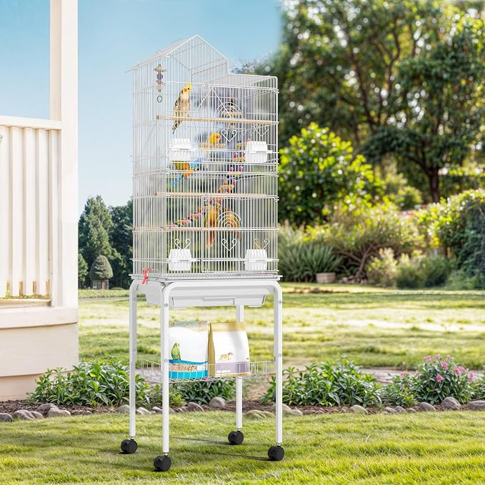 DWVO 62-inch Metal Bird Cage for Cockatiels, Parrots, Pigeons | Bird Cage for Cockatiels, Parrots, Pigeons, Lovebirds, Features Roof Access and Rolling Stand, White - Image 8
