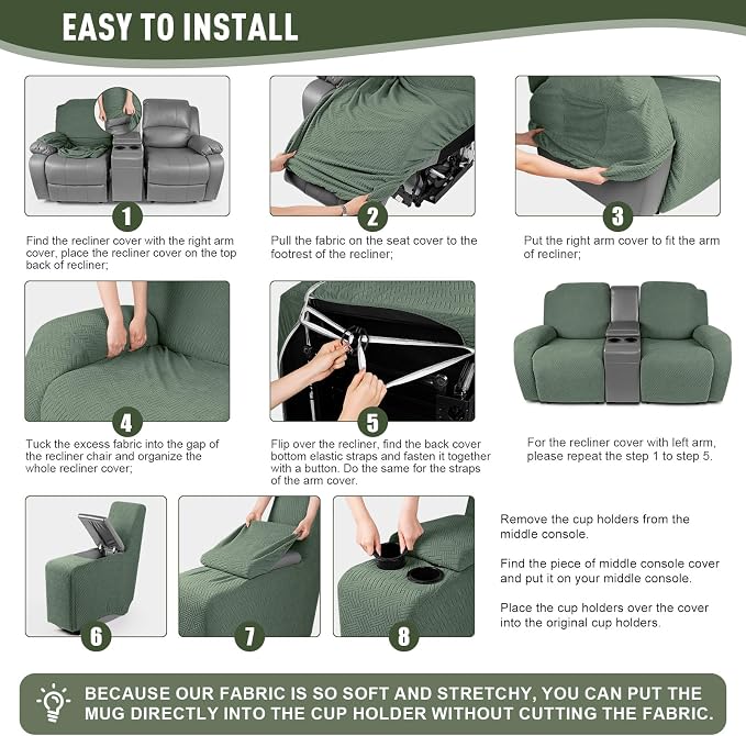 KinCam Loveseat Recliner Covers with Middle Console Slipcover, Greyish Green - Image 6