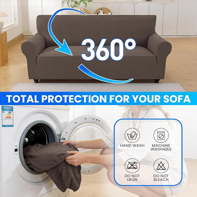 Stretch Sofa Cover Non-Slip Washable Furniture Protector | Stretch, 91"-110".Soft, Non Skid Foam, Elastic Bottom, Machine Washable, for Kids & Pets, Couch & Sofa, Light Coffee - Image 8