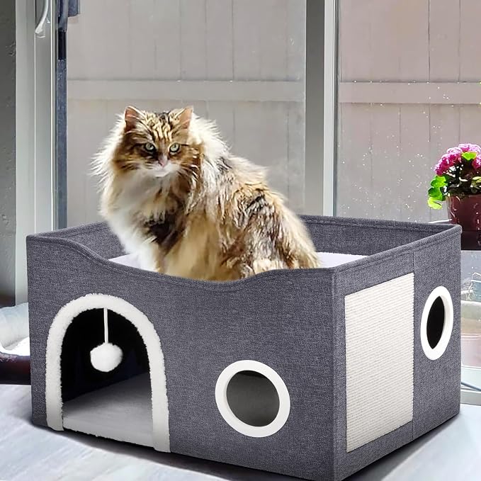 Heeyoo Cat House for Indoor Cats - Large Cat Bed Cave with Fluffy Ball and Scratch Pad, Foldable Cats Houses & Condos, Cat Hideaway, Covered Kitty Bed for Multi Small Large Kitty, 23.8x15.9x13.2 Inch - Image 8