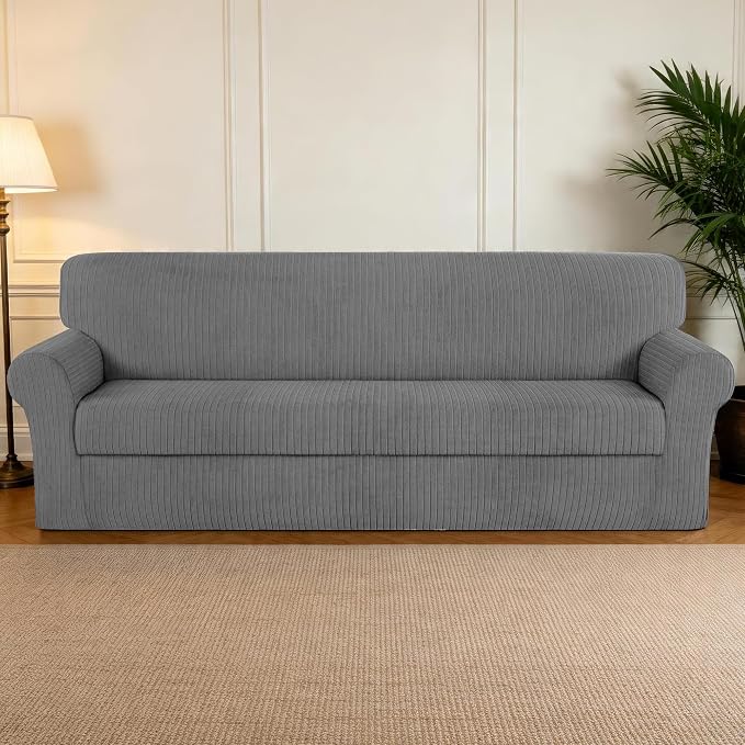 Oversized Sofa Cover Stretching Skid Resistance Couch Cover for Pets Washable, Thick and Durable Soft High Spandex Striped Pattern Sofa Covers (Oversized Sofa, Light Gray) - Image 7