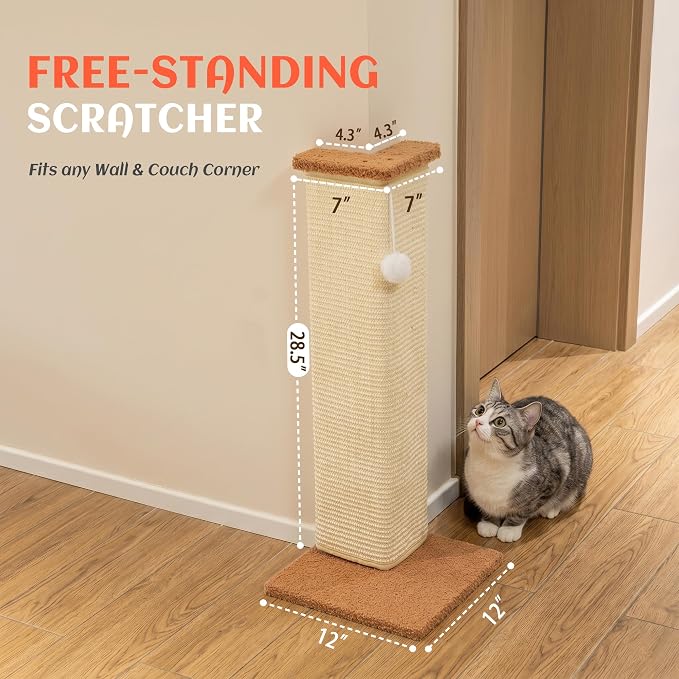 PETKARAY Couch Corner Cat Scratcher, 28.5" Sisal Scratching Post for Cats | Corner Wall Scratch Pad for Furniture Protection, Large Vertical Cat Scratching Post with Plush Base - Image 7