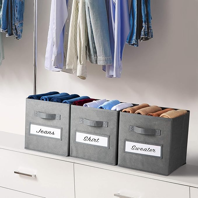 11 Inch Storage Cube,Storage bin (Set of 10) Foldable Fabric Cube Storage Bins with 10 Labels Window Cards & a Pen,Baskets Containers for Shelves,Closet Organizers Box for Home & Office,Gray - Image 6