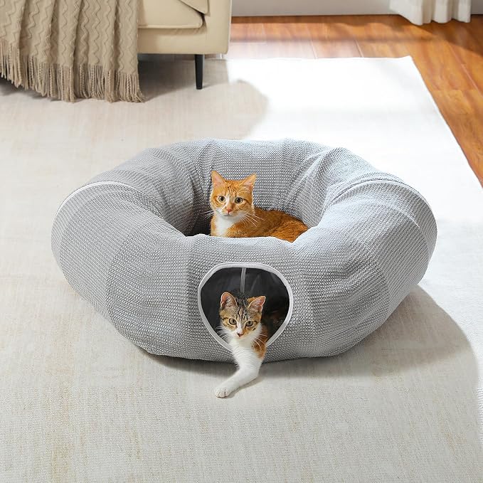 PEQULTI Cat Donut Tunnel with Bed for Indoor Cats, Cat Play Tunnel with Washable Soft Plush Mat, Round Tube Toys Cute Tube for Kittens, Puppies, Rabbits and Ferrets, Grey - Image 8