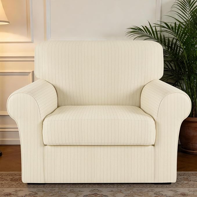 Armchair Cover Stretching Skid Resistance Couch Cover for Pets Washable, Thick and Durable Soft High Spandex Striped Pattern Sofa Covers, Form Fitted Chair Slipcover(Armchair, Ivory) - Image 7