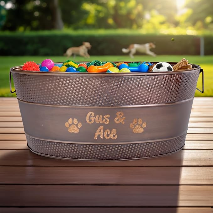 BREKX Personalized Copper Metal Dog Toy Storage Bin with Handles, Large - Image 7