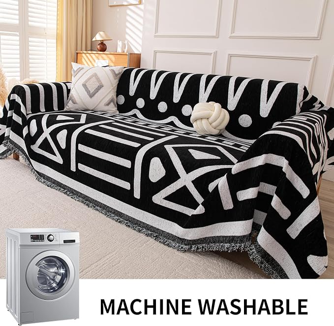 Deep Dream Boho Couch Cover, Non Slip Soft Chenille Couch Covers for 2-3 Cushion Couch, Thick Sofa Slipcover Sofa Cover Washable Couch Protectors for Dogs (Black, 71"x150") - Image 8