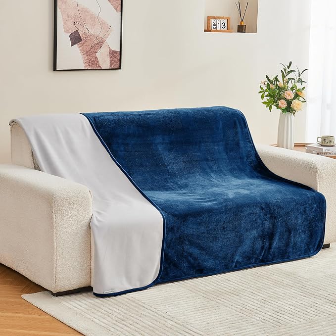 Waterproof Blanket 80"x90" for Adults, Reversible Waterproof Bed Cover for Dogs Cats Pets, Soft Leakproof Blanket for Bed Couch Sofa Furniture Protector, Navy Blue/Light Grey - Image 7